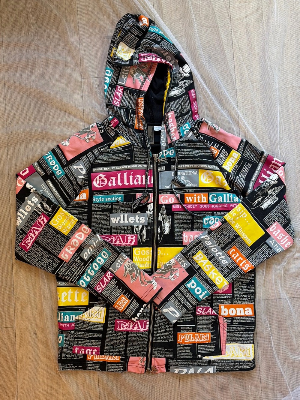Galliano Black Graphic Newspaper-Print Zip Hoodie with Pink and Yellow Panels
